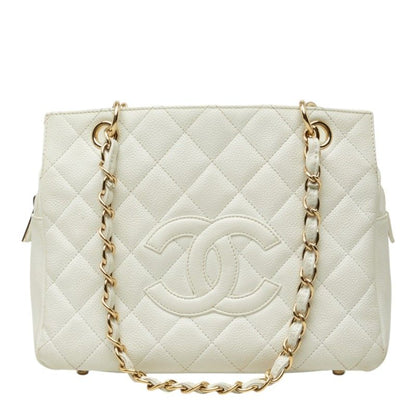 Chanel CC Logo Petit Timeless Tote Chain Shoulder Bag White Gold Caviar Leather