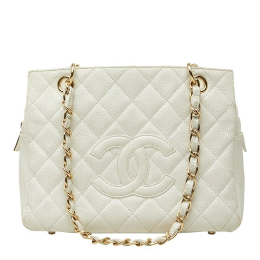Chanel CC Logo Petit Timeless Tote Chain Shoulder Bag White Gold Caviar Leather