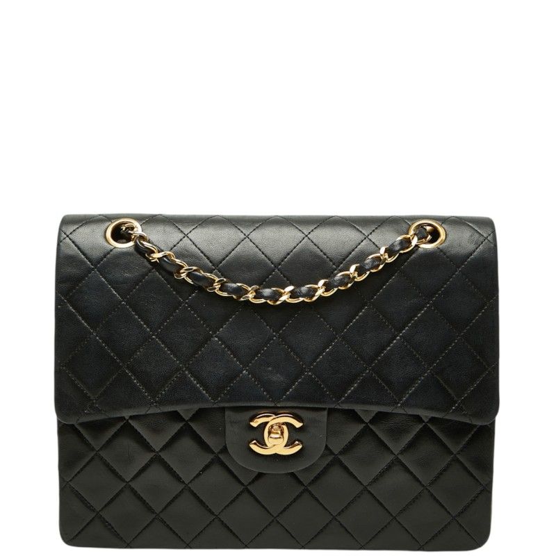 Chanel Quilted CC Logo Double Flap Chain Shoulder Bag Black Lambskin