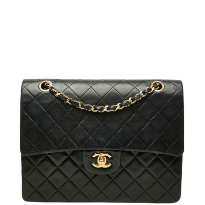 Chanel Quilted CC Logo Double Flap Chain Shoulder Bag Black Lambskin