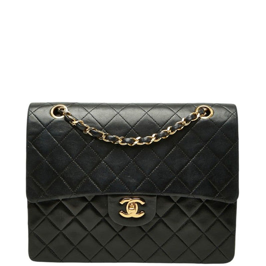 Chanel Quilted CC Logo Double Flap Chain Shoulder Bag Black Lambskin