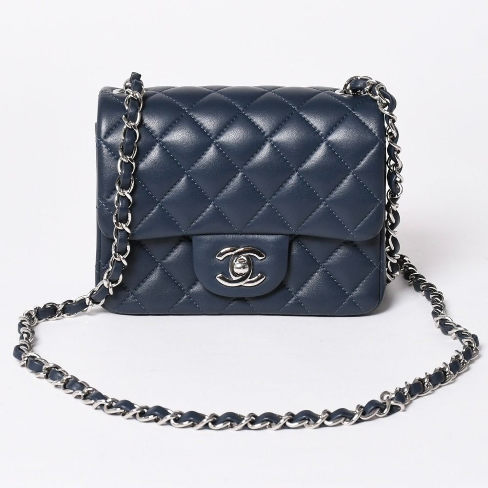 Chanel Mini Quilted 17 S Flap S Chain Shoulder Bag CC Logo Lambskin Blue Silver