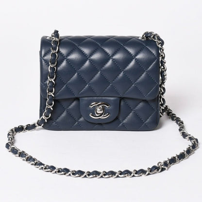 Chanel Mini Quilted 17 S Flap S Chain Shoulder Bag CC Logo Lambskin Blue Silver