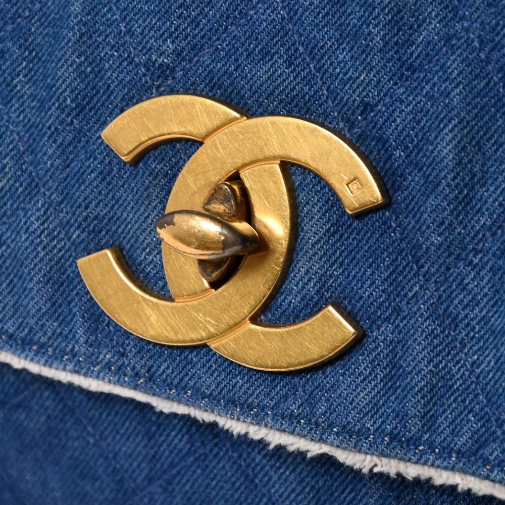 Chanel Chenel Maxi Quilted Single Flap Chain Shoulder Bag Denim Blue Gold — view 6