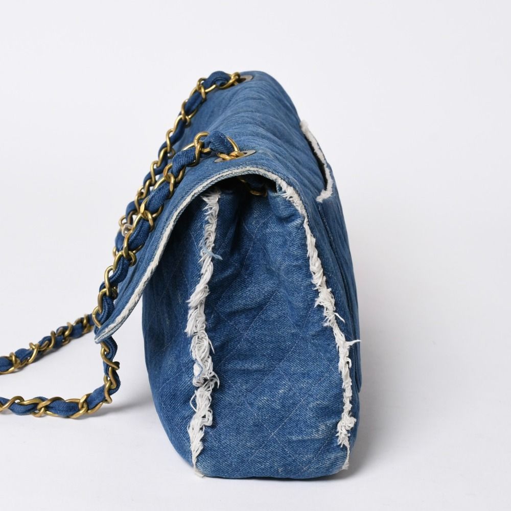 Chanel Chenel Maxi Quilted Single Flap Chain Shoulder Bag Denim Blue Gold — view 4