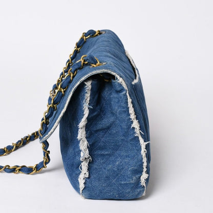 Chanel Chenel Maxi Quilted Single Flap Chain Shoulder Bag Denim Blue Gold — view 4