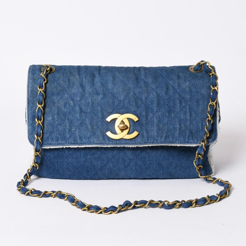 Chanel Chenel Maxi Quilted Single Flap Chain Shoulder Bag Denim Blue Gold