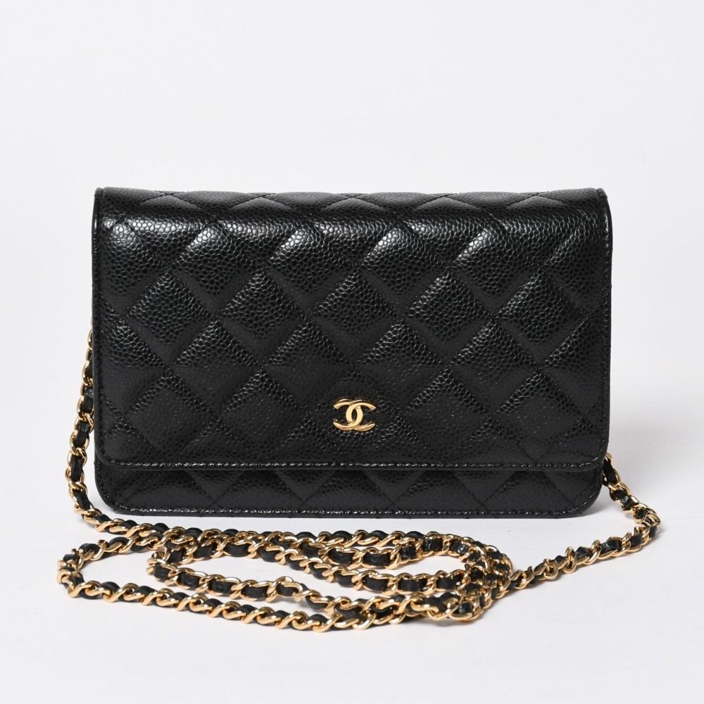 Chanel Chain Wallet CC Logo Caviar Leather Black Gold Shoulder Bag