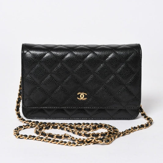 Chanel Chain Wallet CC Logo Caviar Leather Black Gold Shoulder Bag