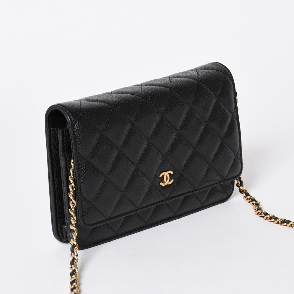Chanel Chain Wallet CC Logo Caviar Leather Black Gold Shoulder Bag — view 3