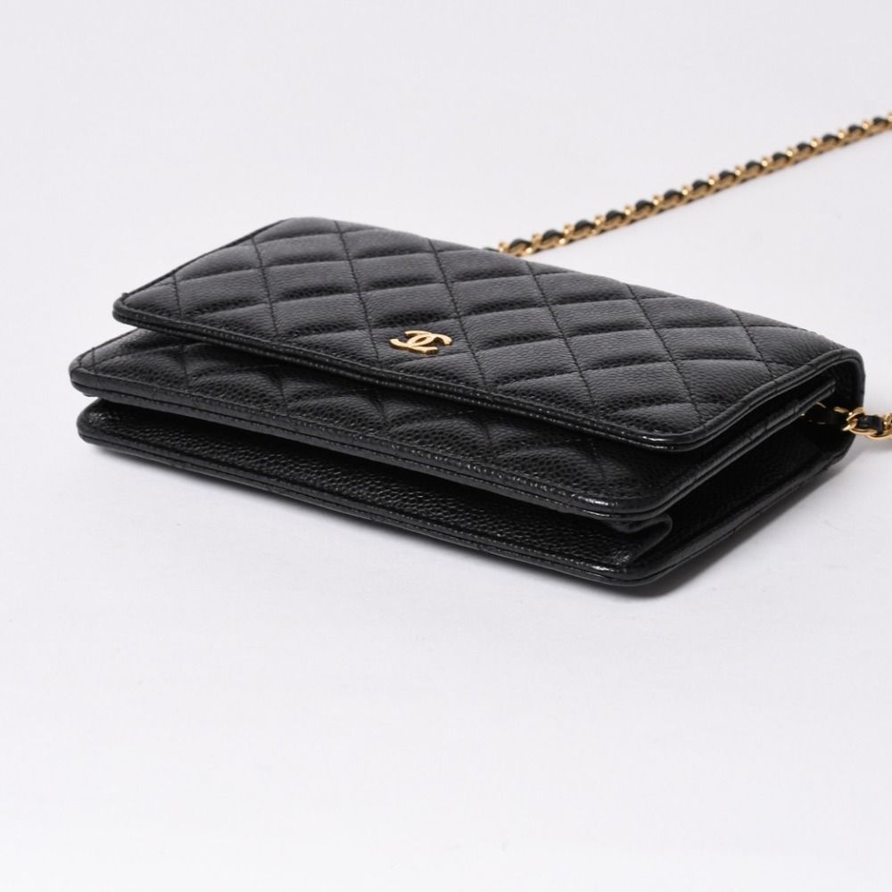 Chanel Chain Wallet CC Logo Caviar Leather Black Gold Shoulder Bag — view 7