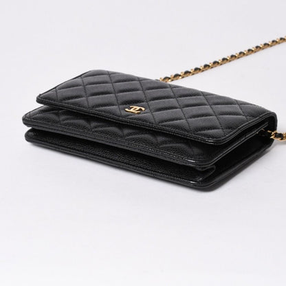Chanel Chain Wallet CC Logo Caviar Leather Black Gold Shoulder Bag — view 7