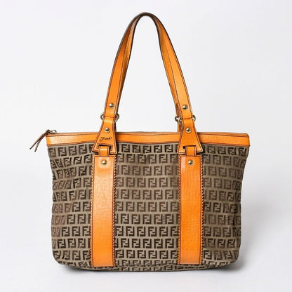 Fendi Zucchino Tote Bag Canvas Leather Brown Orange Gold