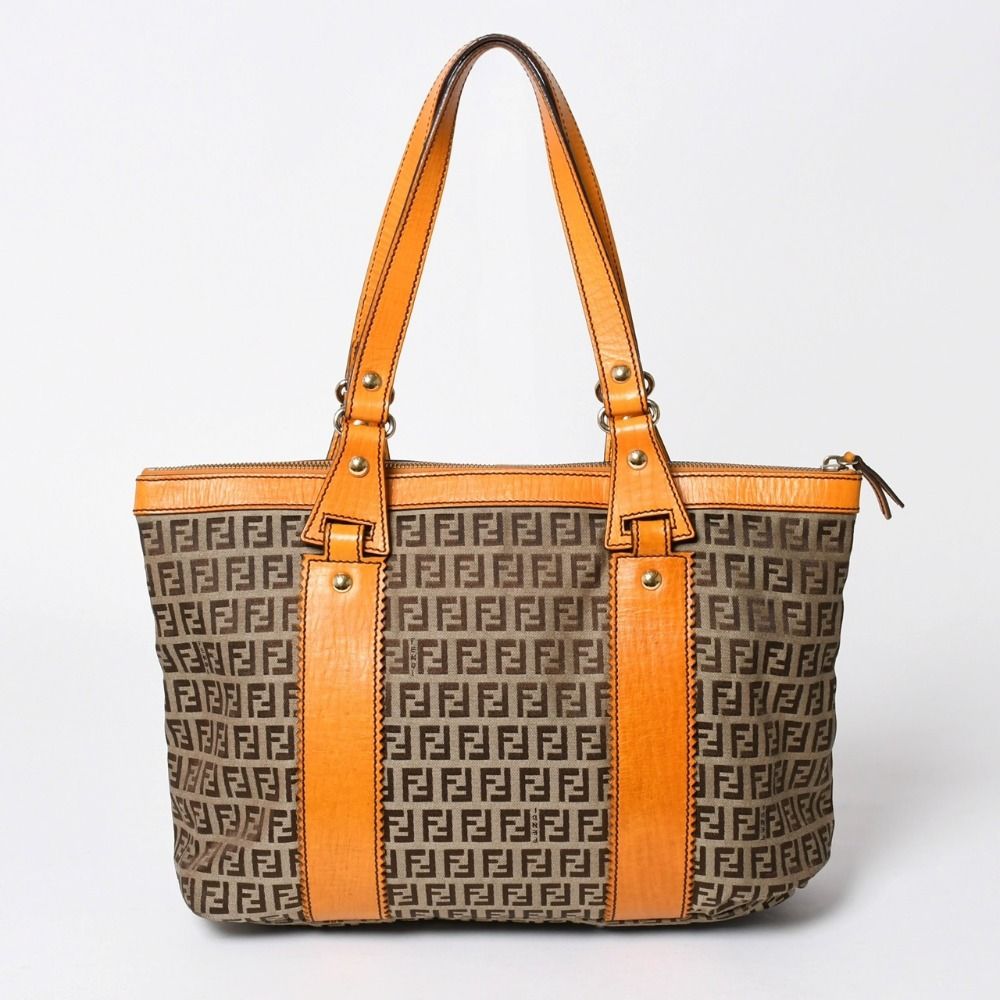 Fendi Zucchino Tote Bag Canvas Leather Brown Orange Gold — view 2
