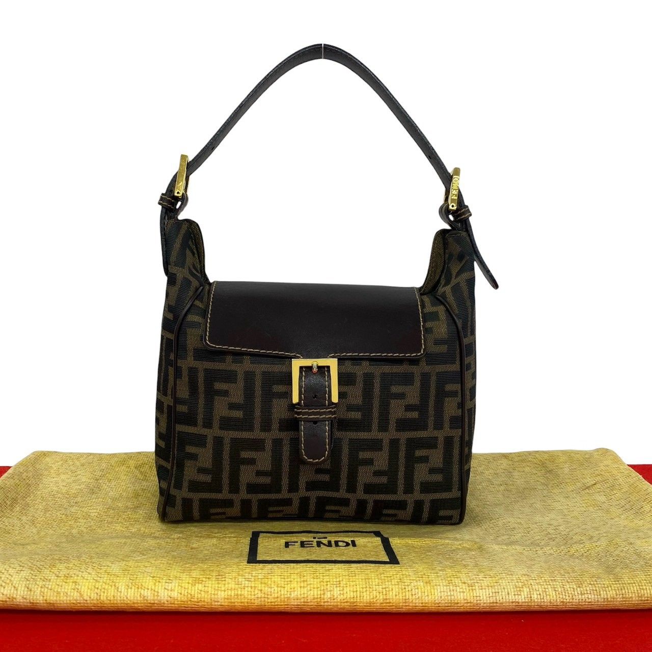 Fendi Zucca FF Pattern Canvas Leather Handbag Mini Tote Brown Black