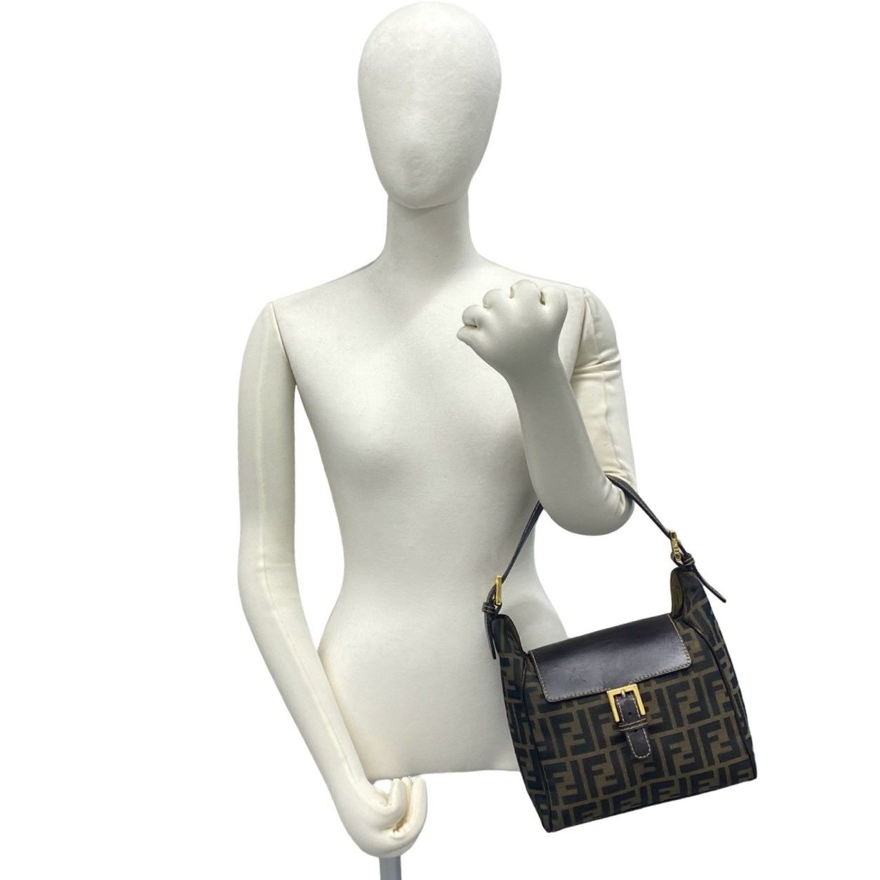 Fendi Zucca FF Pattern Canvas Leather Handbag Mini Tote Brown Black — view 2