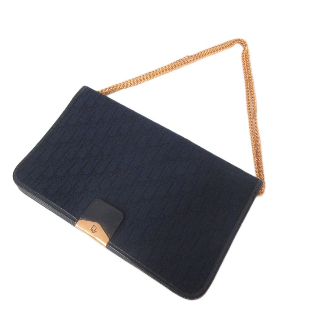 Dior Vintage Trotter Pattern Chain Shoulder Bag Push Lock Log Blue