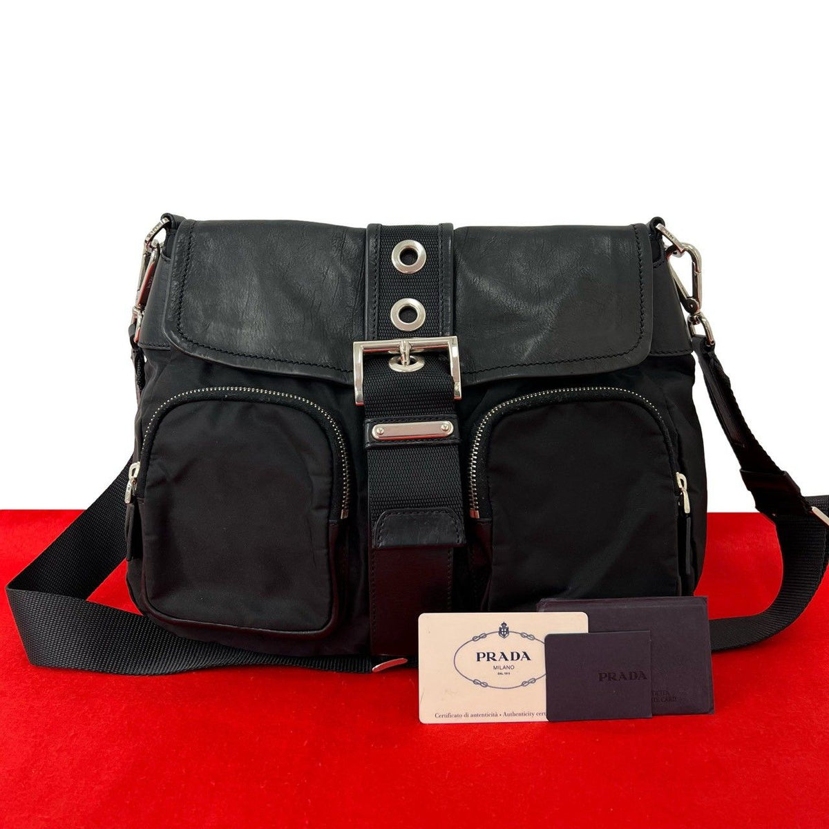 Prada Tessuto Nylon Leather Shoulder Bag Cross Black