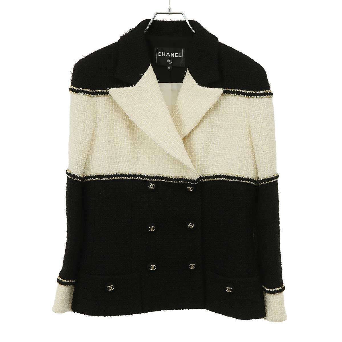 Chanel CC Logo Bicolor Tweed Double Jacket Black White 38