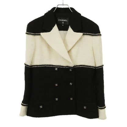 Chanel CC Logo Bicolor Tweed Double Jacket Black White 38