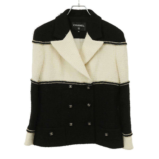 Chanel CC Logo Bicolor Tweed Double Jacket Black White 38