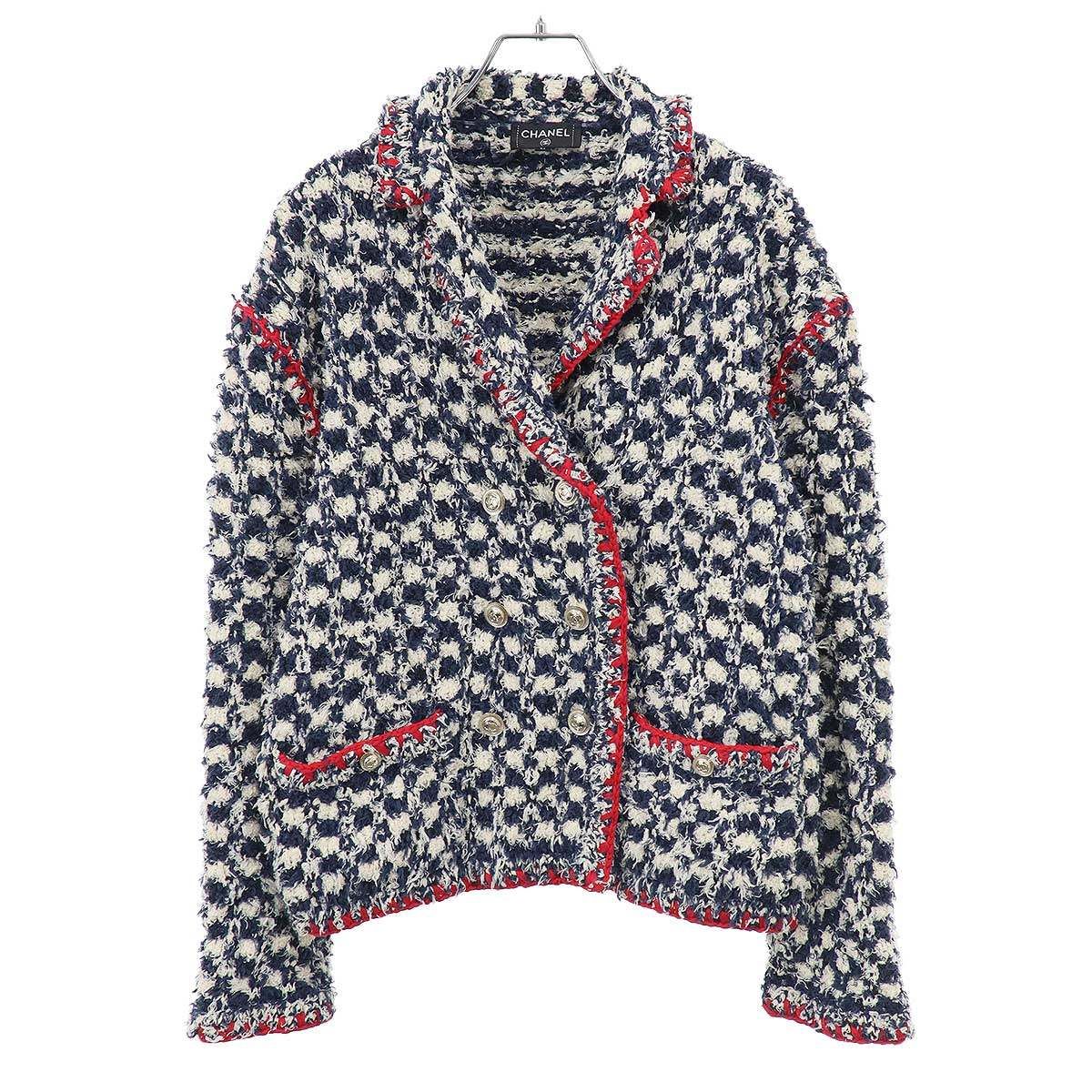 Chanel Tweed CC Logo Double Jacket White Navy 36