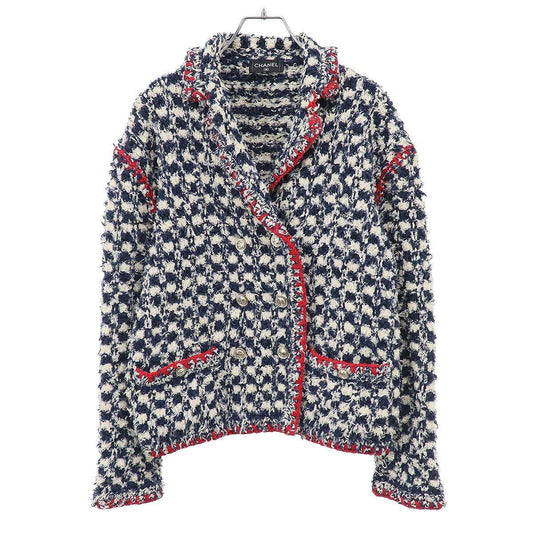 Chanel Tweed CC Logo Double Jacket White Navy 36