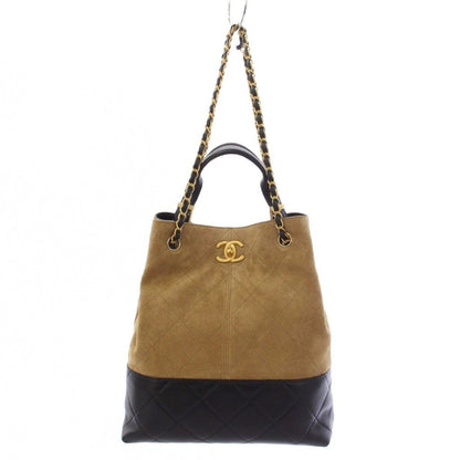 Chanel Quilted Suede Lambskin Handbag 2-Way Beige Black