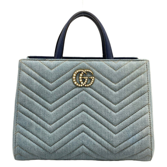Gucci Tote Bag GG Marmont Light Blue Navy Faux Pearl Leather