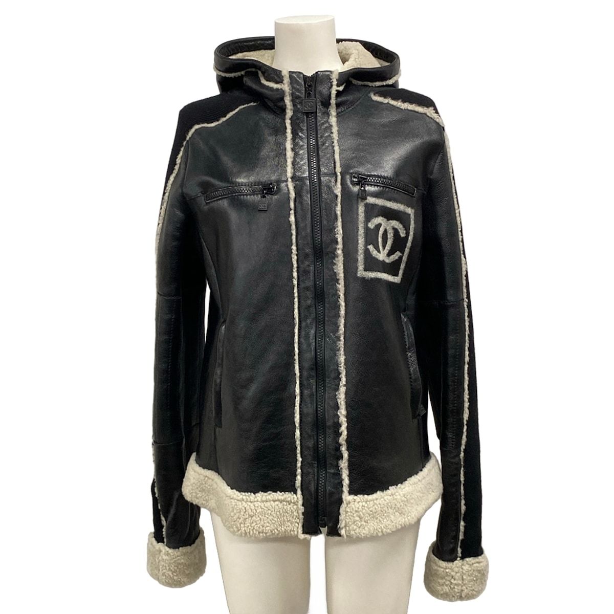 Chanel Jacket L Sport Line Black White Winter Shearling 42