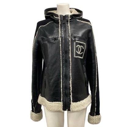Chanel Jacket L Sport Line Black White Winter Shearling 42