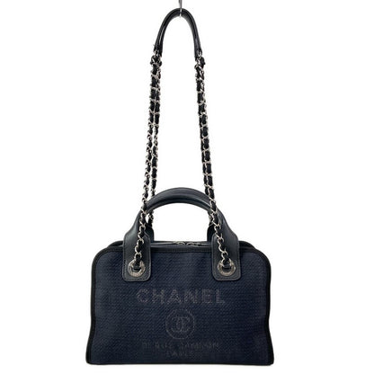 Chanel Shoulder Bag Deauville Line Black Metal 2-Way Chain Silver