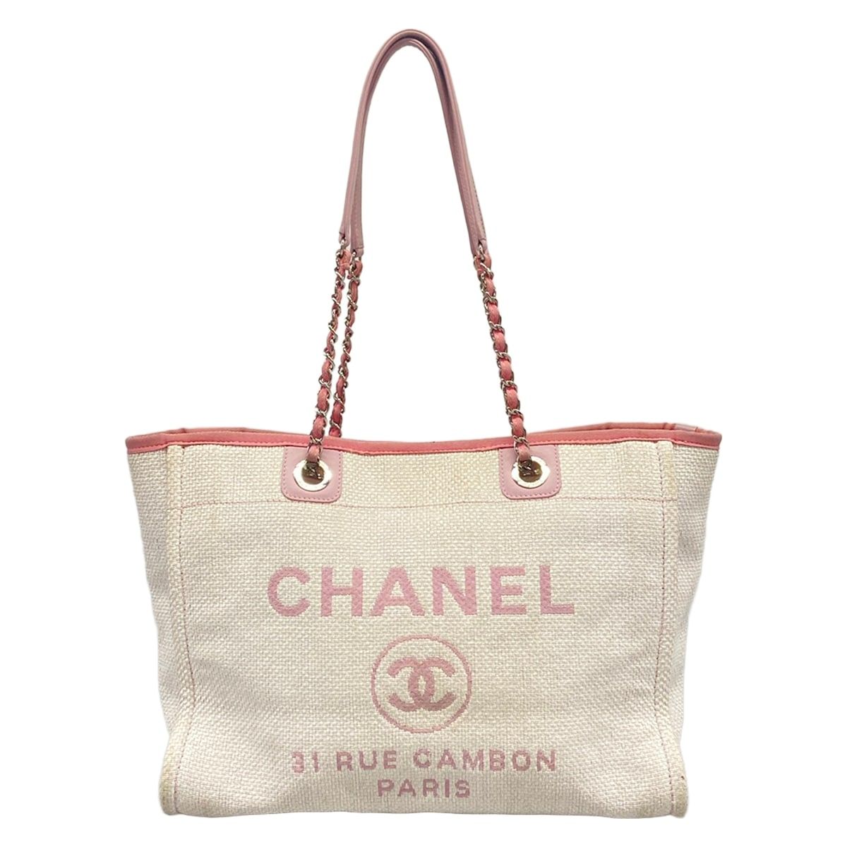Chanel Tote Bag Deauville Line MM White Pink Chain Handle Silver Leather