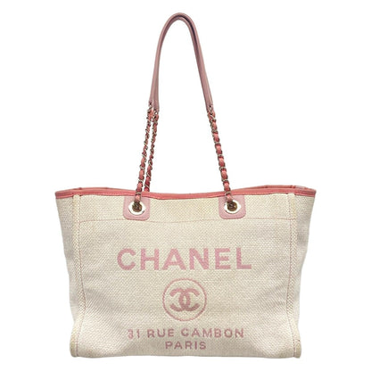 Chanel Tote Bag Deauville Line MM White Pink Chain Handle Silver Leather