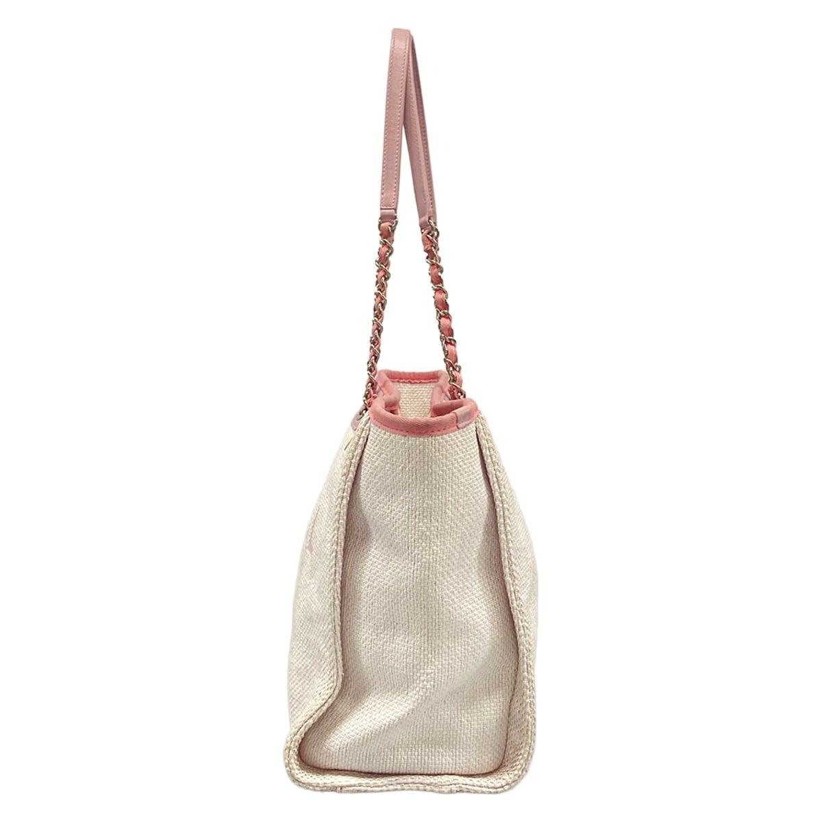 Chanel Tote Bag Deauville Line MM White Pink Chain Handle Silver Leather — view 4