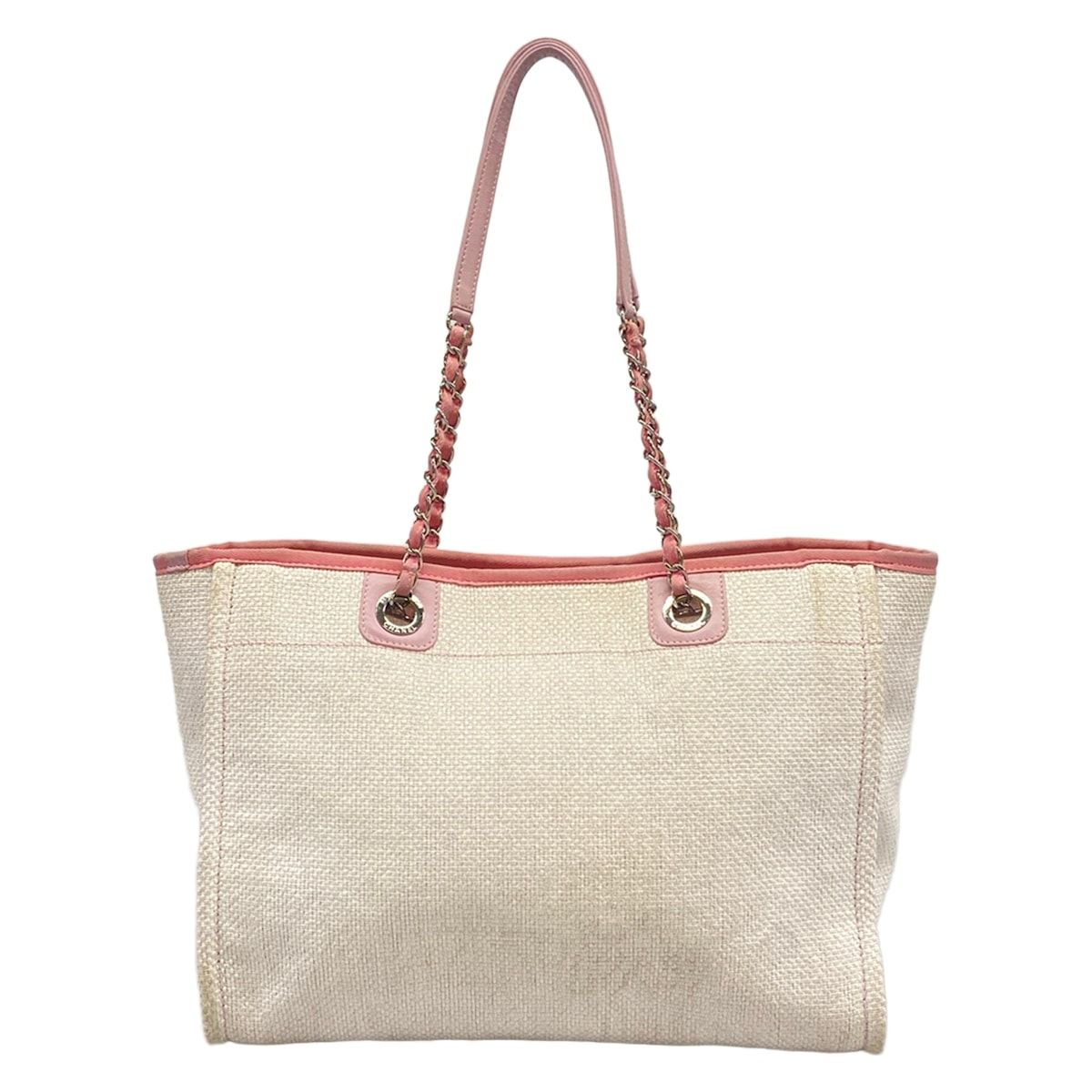 Chanel Tote Bag Deauville Line MM White Pink Chain Handle Silver Leather — view 3