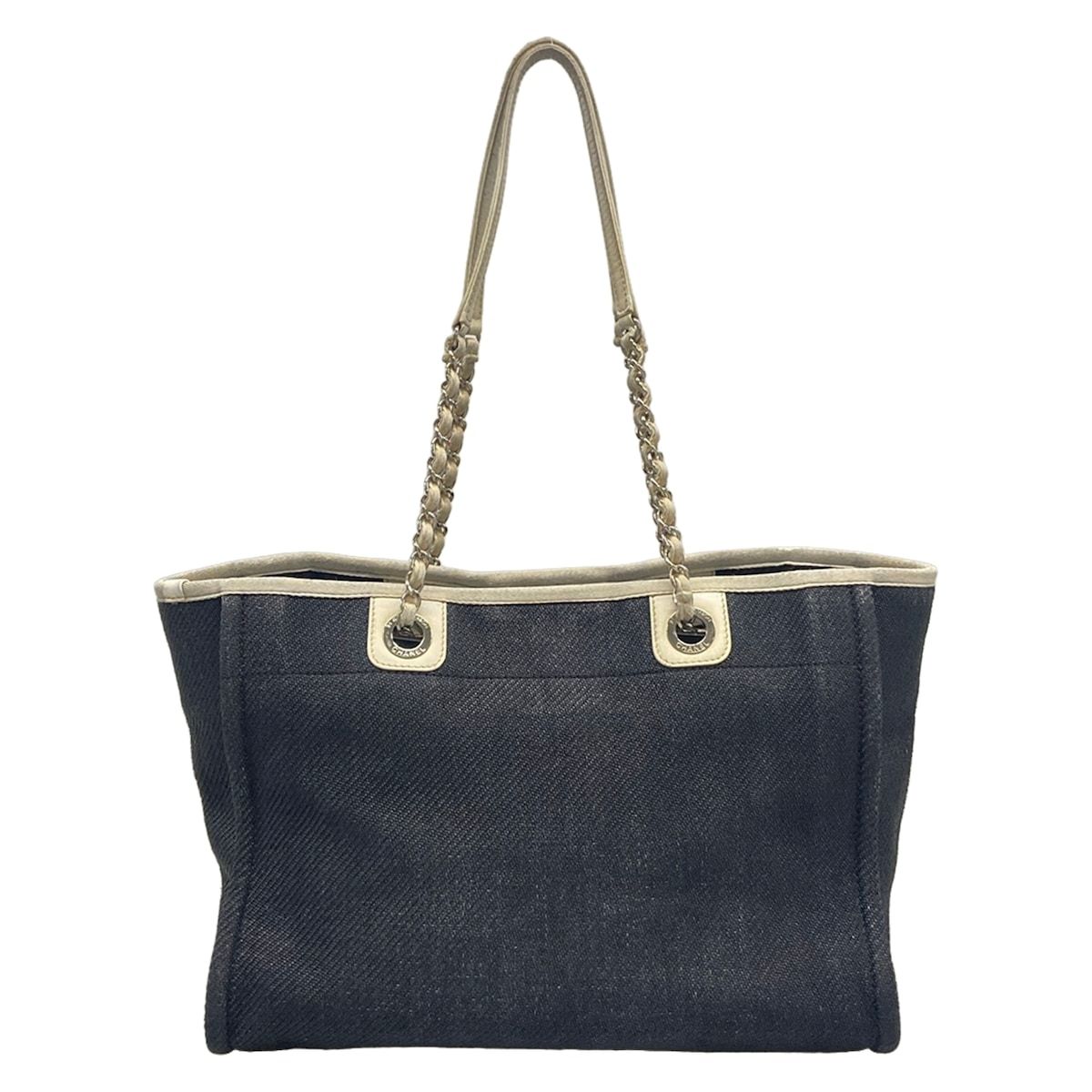 Chanel Tote Bag Deauville Line MM Black White Chain Handle Silver Leather — view 3