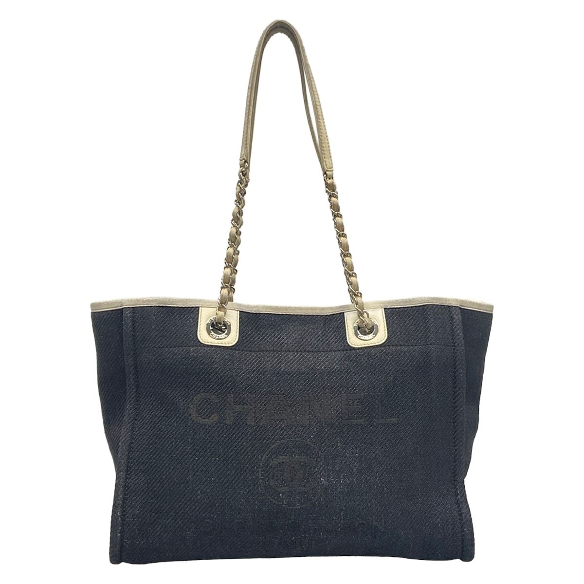 Chanel Tote Bag Deauville Line MM Black White Chain Handle Silver Leather