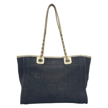Chanel Tote Bag Deauville Line MM Black White Chain Handle Silver Leather