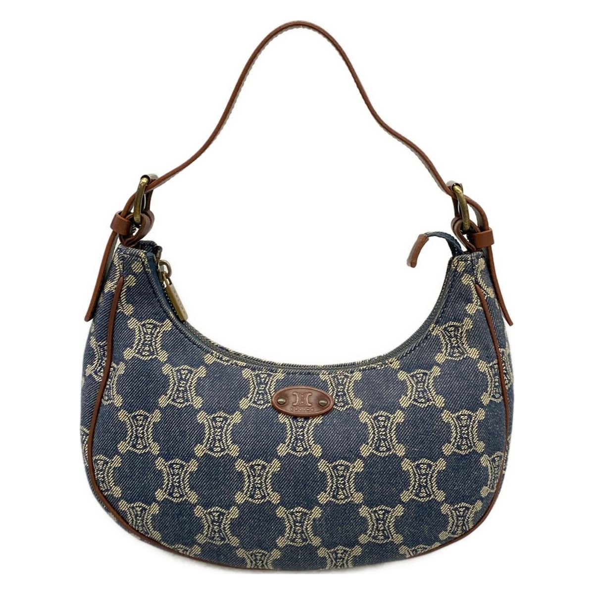 Celine Shoulder Bag Blue Brown Paris Macadam Denim Mini Leather
