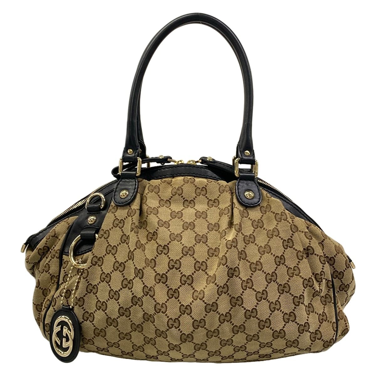 Gucci Handbag Sookie GG Pattern Beige Dark Brown Black Leather