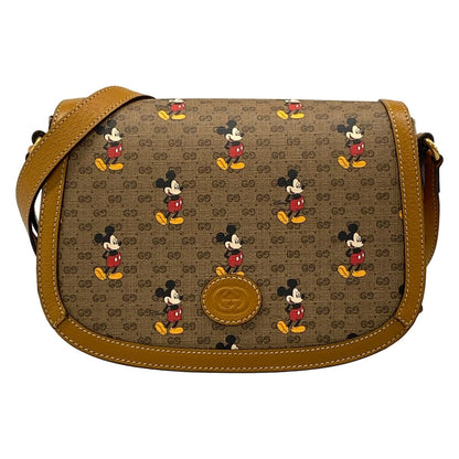 Gucci Shoulder Bag GG Supreme Dark Brown Disney Mickey Mouse Leather