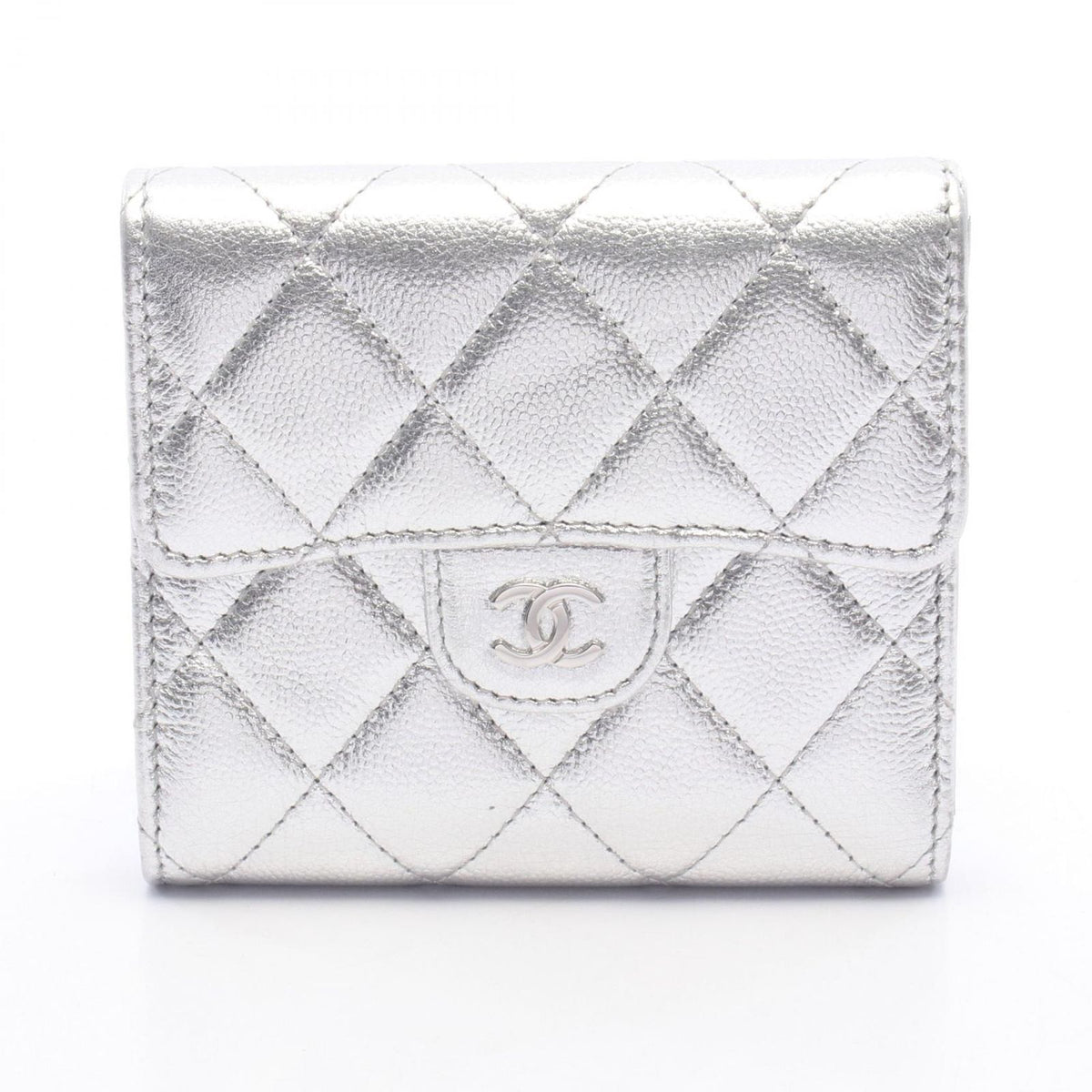 Chanel Trifold Wallet Classic Small Flap Silver Caviar Leather Quilted