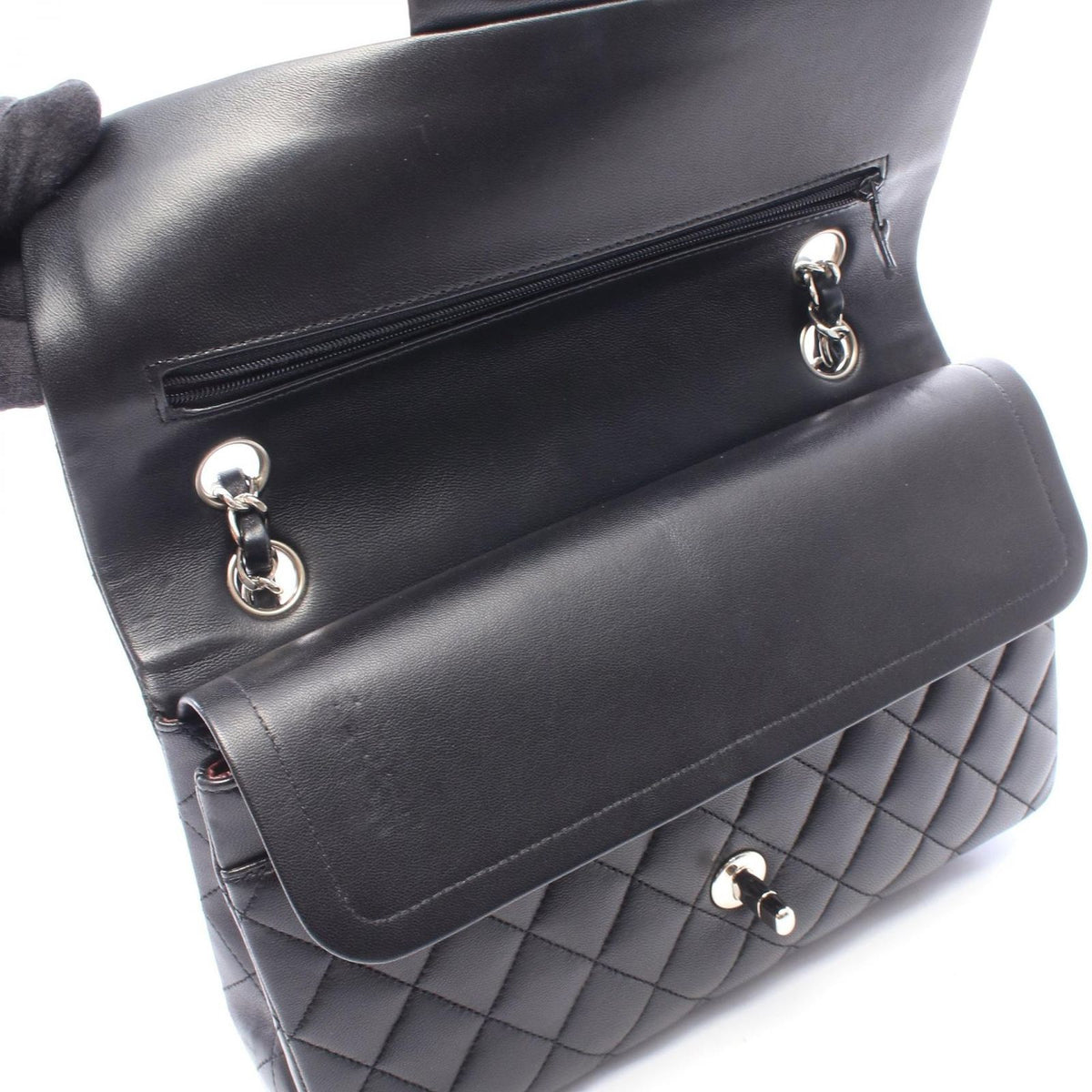 Chanel Shoulder Bag Quilted Double Flap Black Lambskin Chain — view 7