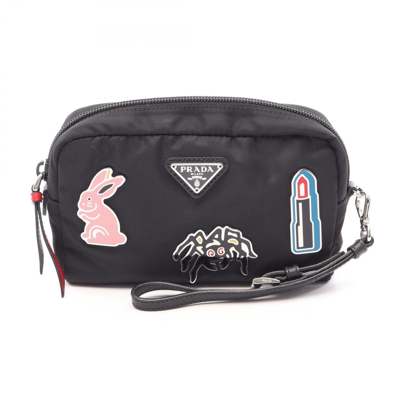 Prada Pouch Black Nylon Saffiano Leather Metal Applique