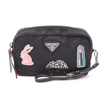 Prada Pouch Black Nylon Saffiano Leather Metal Applique