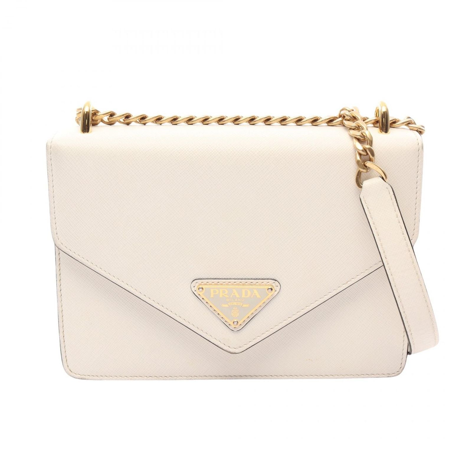 Prada Shoulder Bag White Saffiano Leather Triangle Logo Chain
