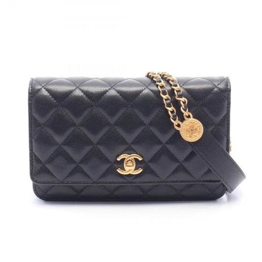 Chanel Shoulder Bag Quilted Black Caviar Leather Chain Wallet