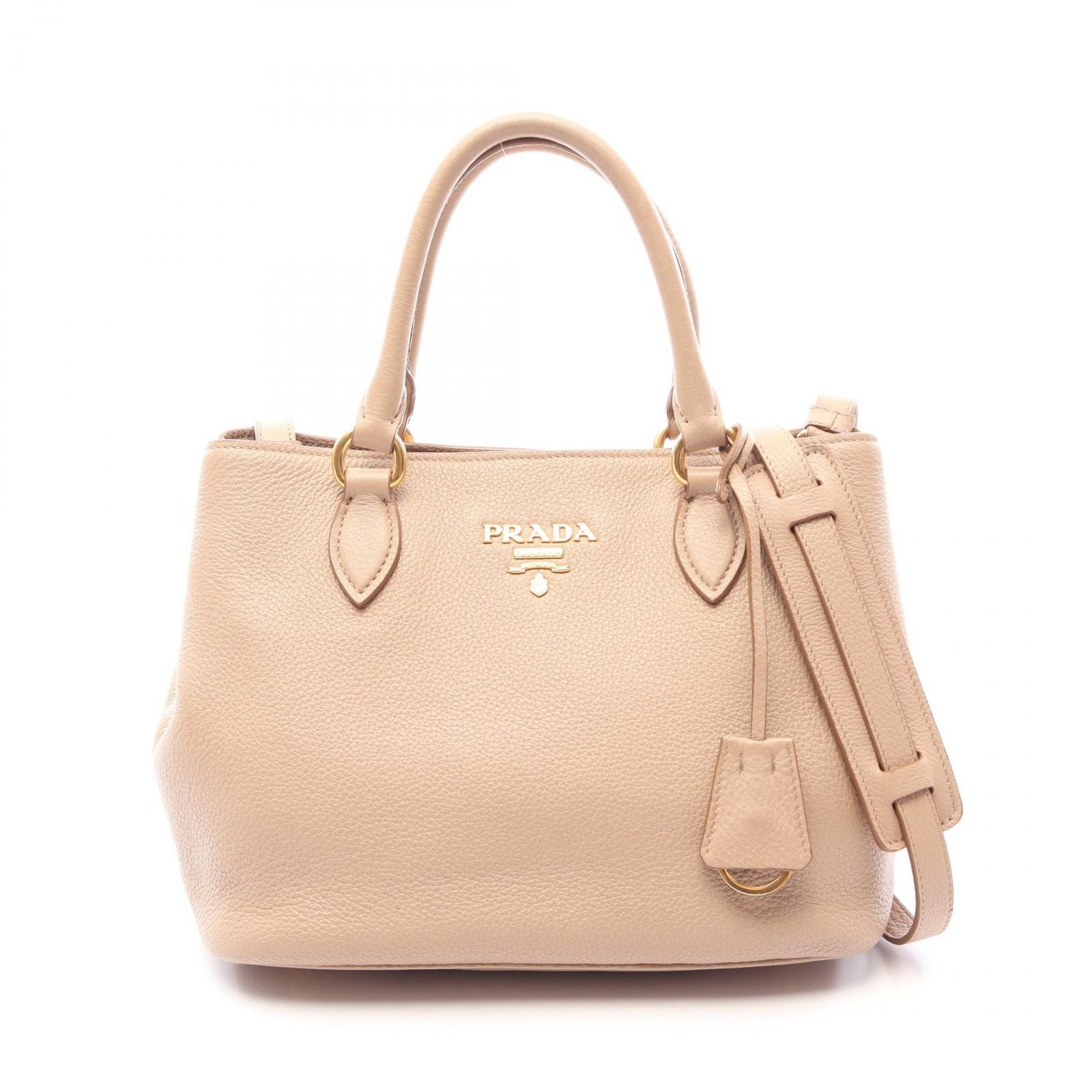 Prada Handbag Pink Beige Leather Metal Logo 2-Way Tote