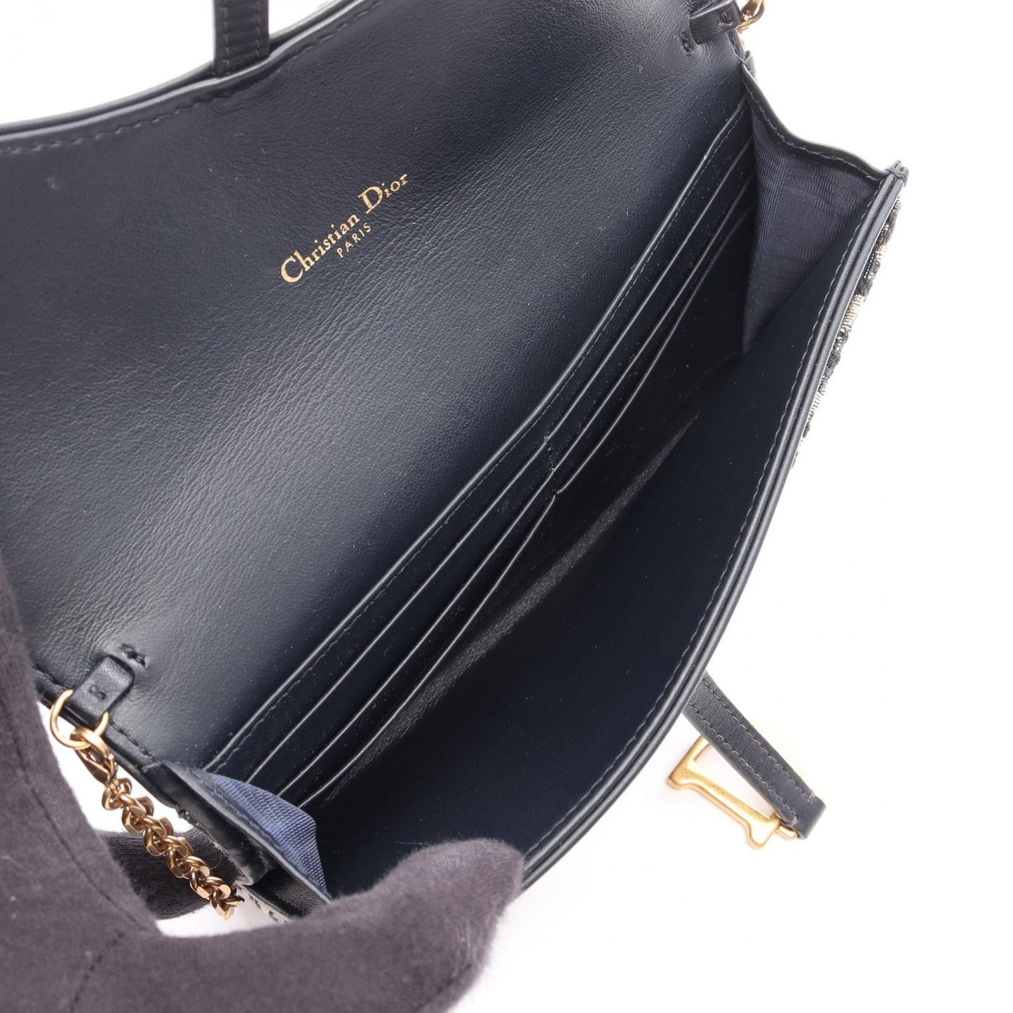 Dior Shoulder Bag Saddle Wallet Oblique Jacquard Navy Canvas Leather Chain — view 3